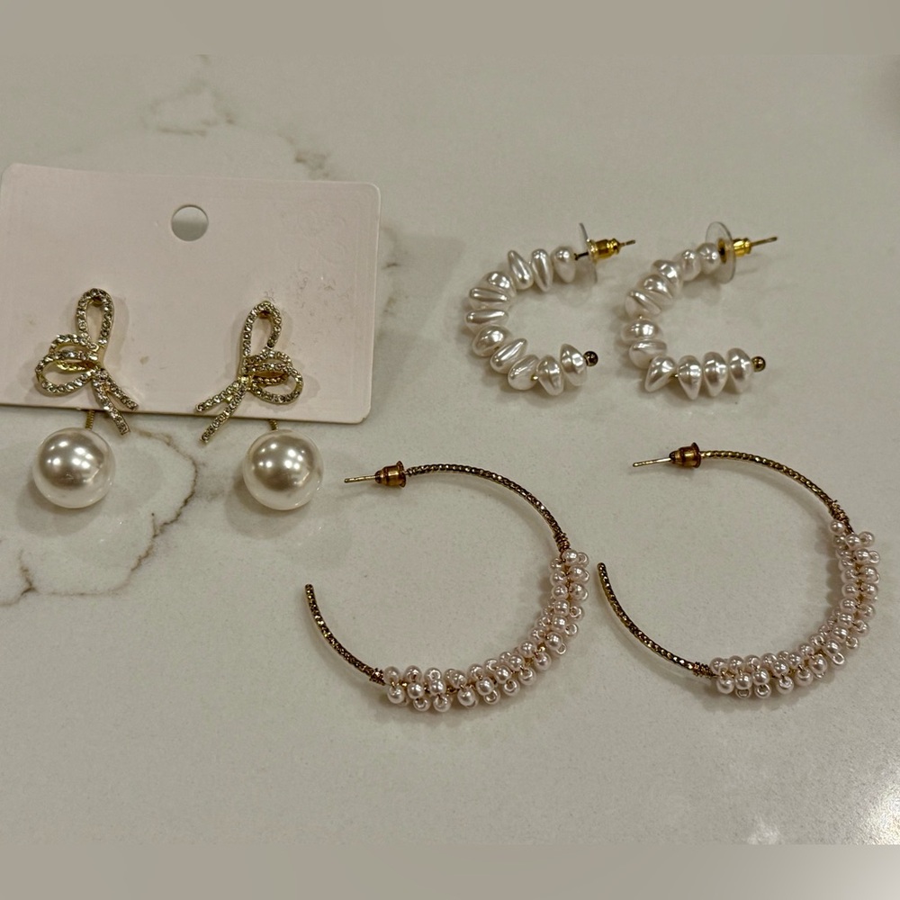 Elegant Pearl and Gold Earrings - 3 pairs!
